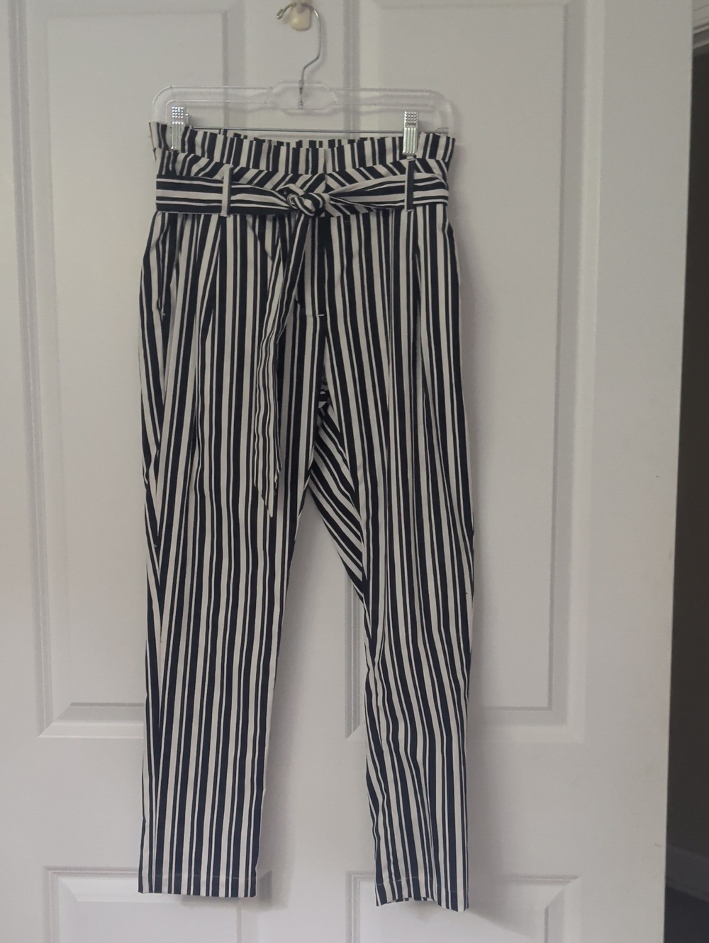 Lulu's Black & White Vertical-Stripe Paperbag Waist Trousers